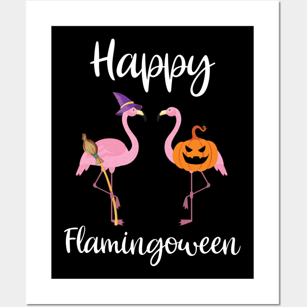 Happy Flamingoween Flamingo Witch And Pumpkin Halloween Bird Wall Art by FamiLane